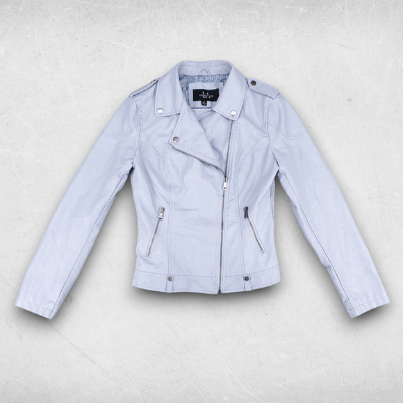 Coalition LA Crop Moto Jacket Women M Light Blue Asymmetrical Zip Vegan Leather - Picture 1 of 11